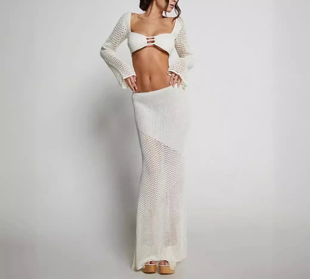 Sexy Party Knitted Two Piece Set Short Crop Top And Skirts Slim Bodycon 2 Pieces Sets Women 2025 Spring Summer Outfits