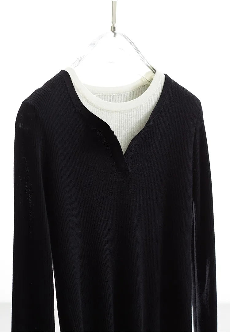 Super Comfortable to Wear~ 2025 Autumn and Winter New Style Faux Two-Piece Knit Sweater for Women, High-End Wool Sweater Top
