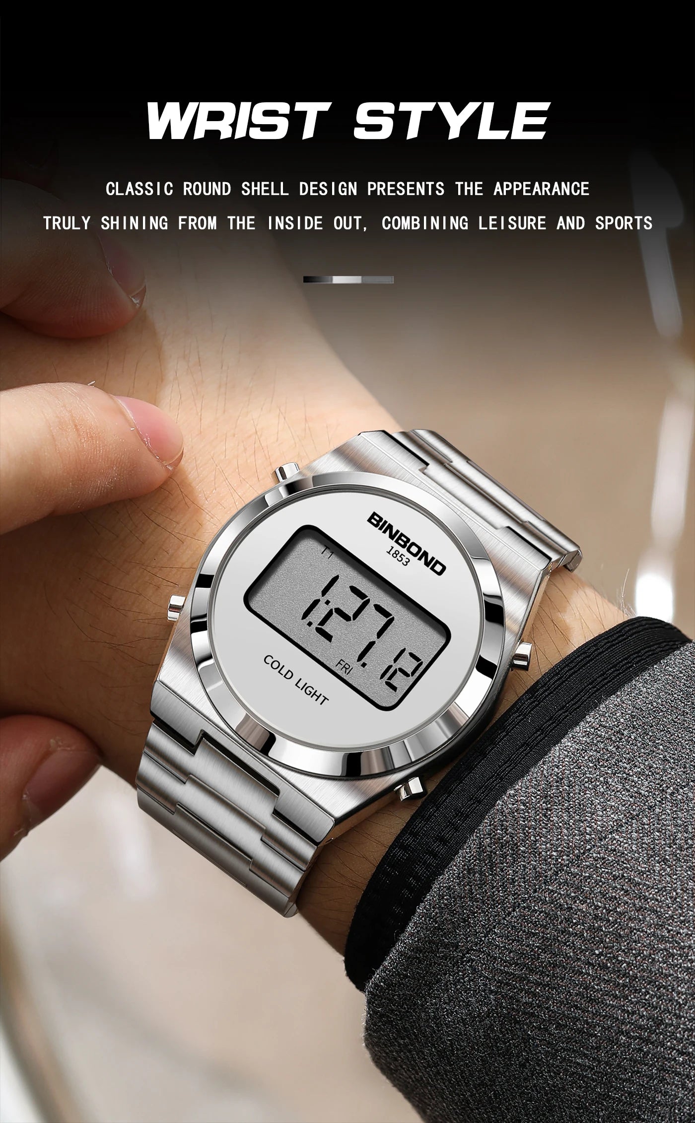 BINBOND New Men Electron Watch Luxury Stainless Steel LED Digital Waterproof Men Wristwatch Luminous Sports Clock Reloj Hombre