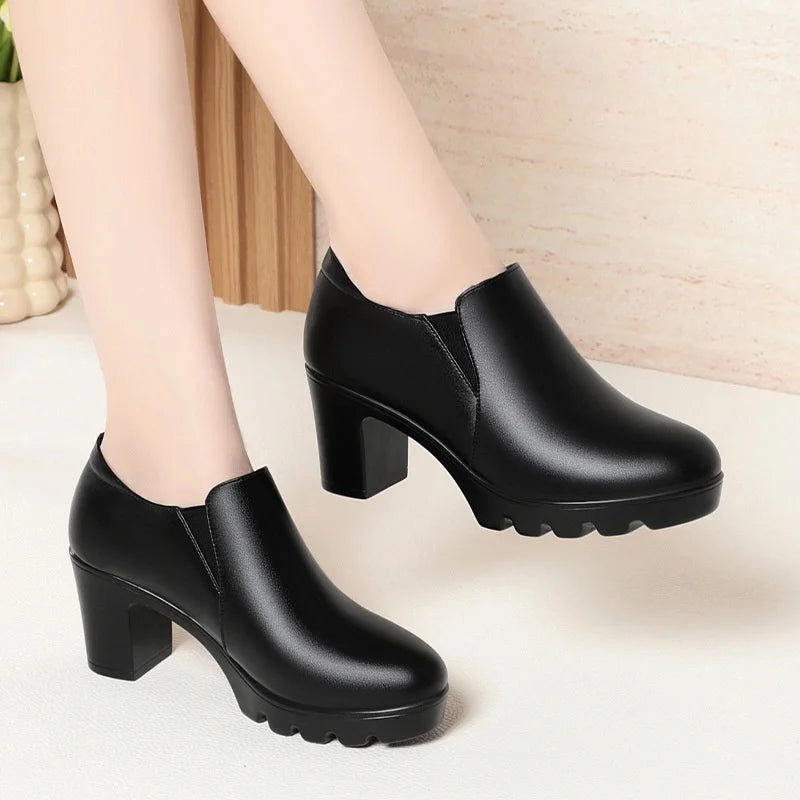 Round Toe Deep Mouth Single Shoes High Heels Thick Heels Versatile Spring Autumn Thick Sole Waterproof Platform Leather Shoes