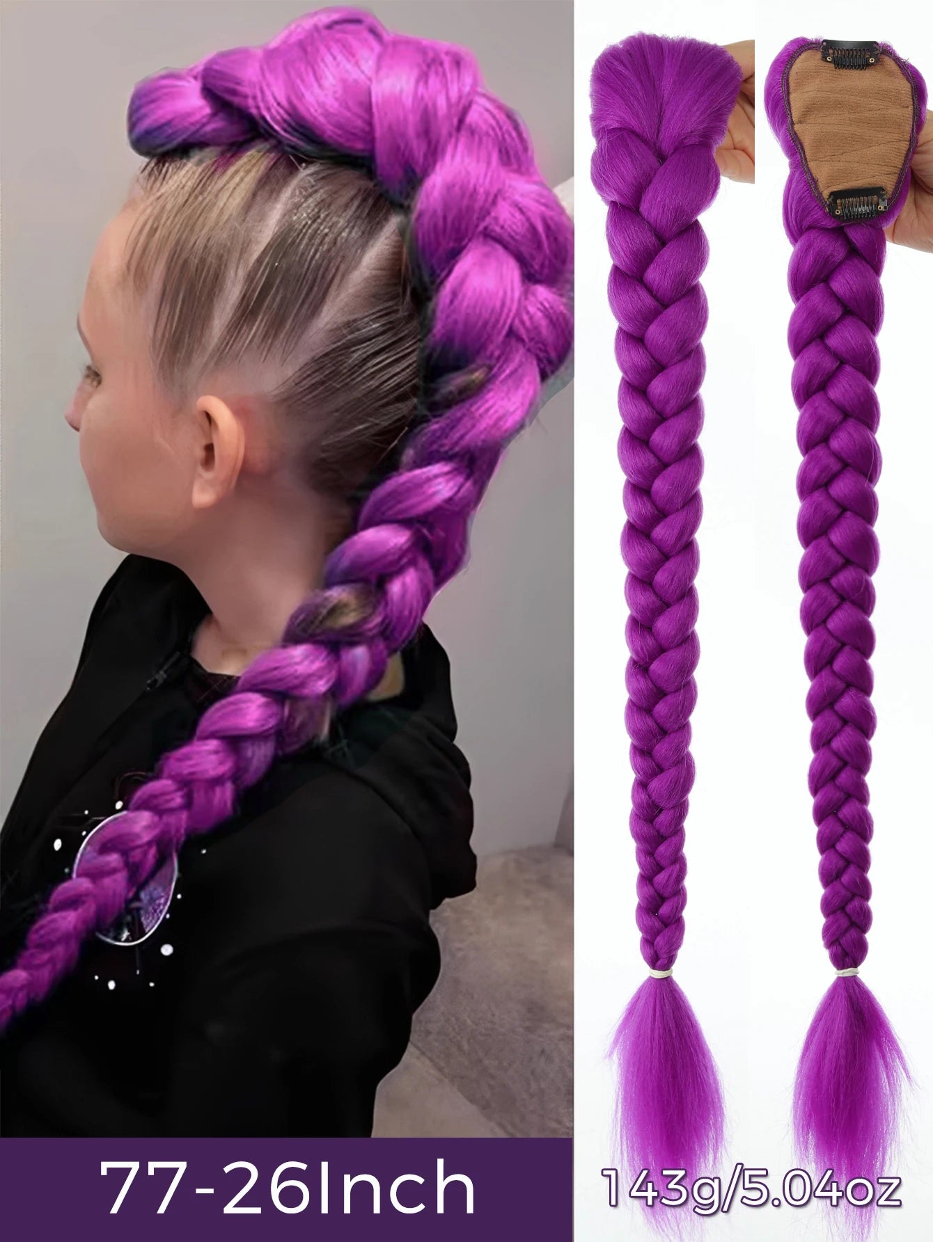 Synthetic 26inch Long Ponytail with Clips Braided Purple Hair Ponytail Rumi Costume Hairstyle for Kids Girls Halloween Christmas