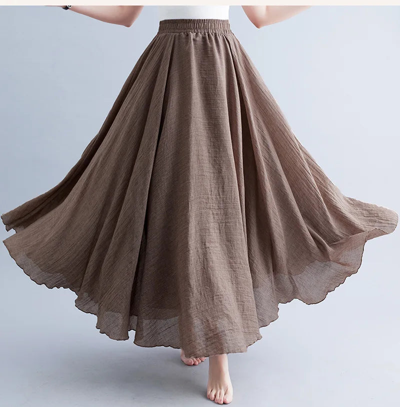 New 2020 Women Linen Cotton Long Elastic Waist Pleated Maxi Skirt Beach Vintage
