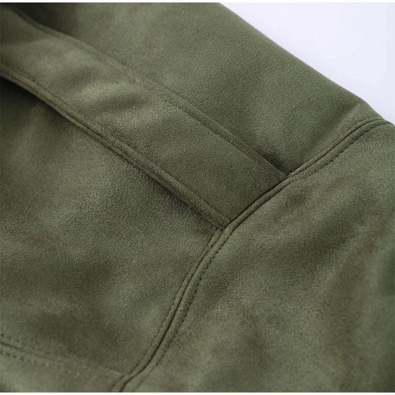 Fashion Suede Green Jackets Coat Women Lapel Full Sleeve Zipper Bomber Coats 2026 Spring New Loose Lady Street Solid Outwears