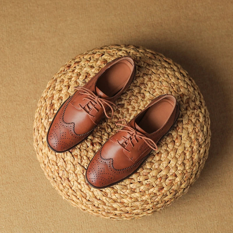 Women's New Round Head Burnt Flower Inner and Outer Leather Cowhide Lace up Large Low Heel Block Oxford Shoes