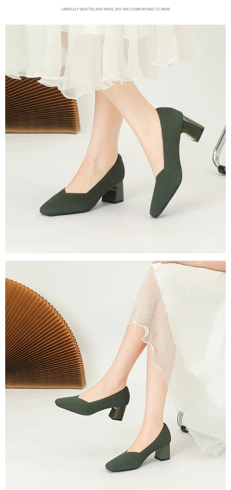Shoes Woman High Heels Comfortable Square Knitted Breathable Comfortable Women's Flats Shoes (5cm High) 2025 New Collection