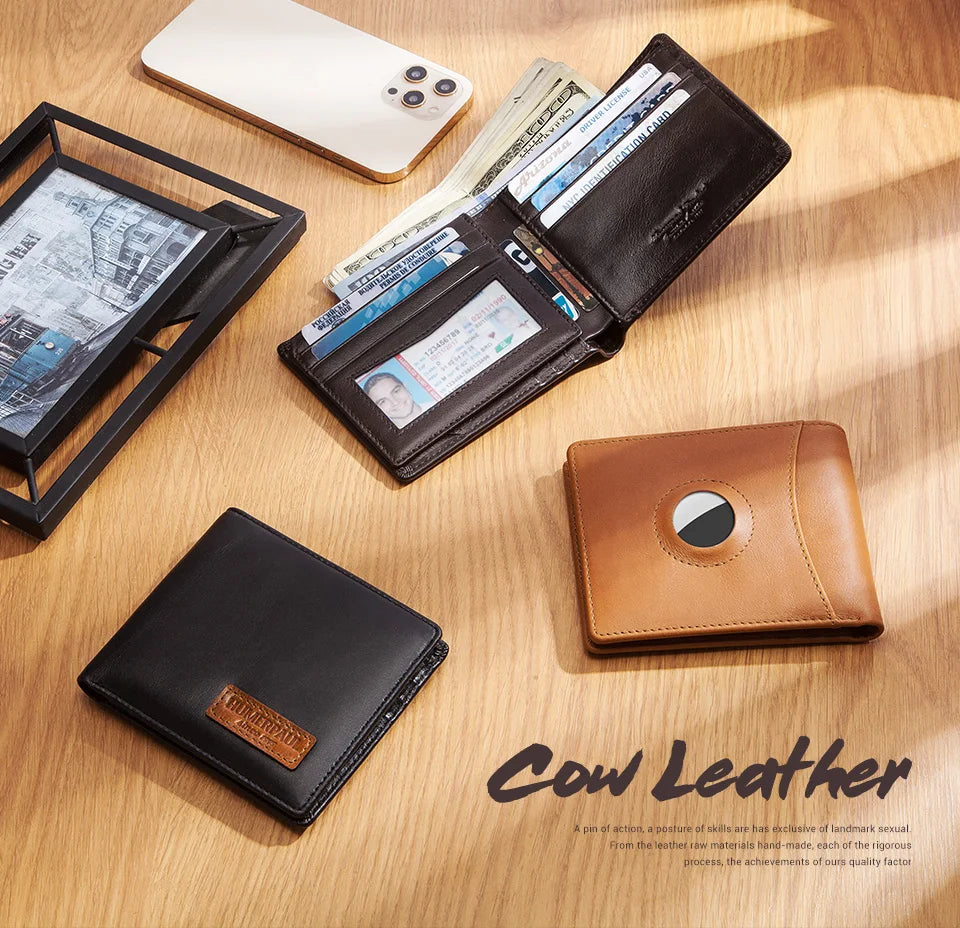 HUMERPAUL Airtag Wallet For Men Real Leather RFID Trifold Card Holder Case with ID Window Slim Anti-lost Purse