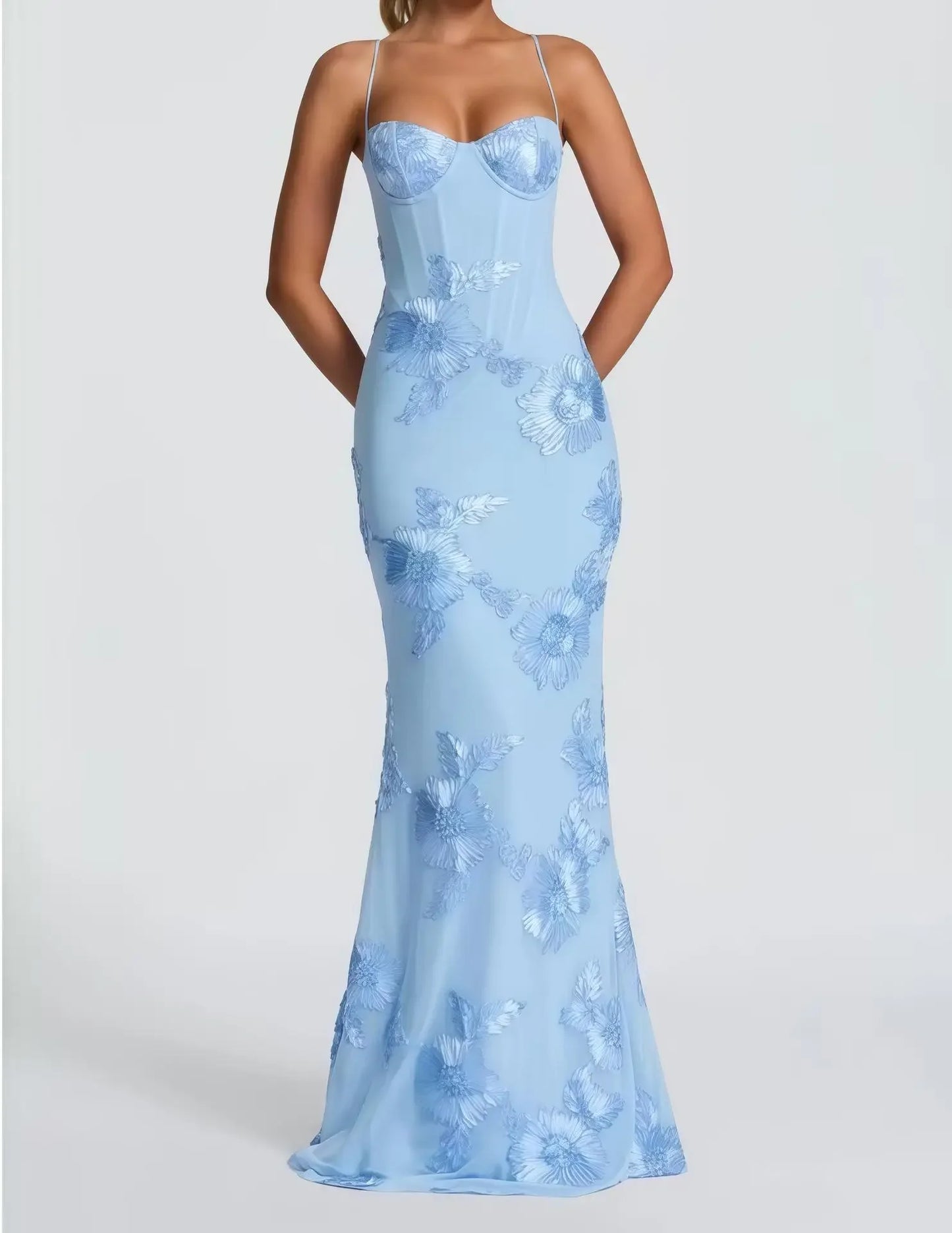 Elegant Women 3d Embroidery Floral Long Dress Women Backless Cross Tied Spaghetti Strap Robe Slim Floor Length Evening Dresses