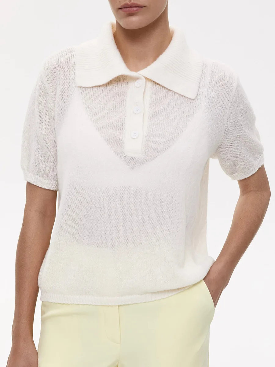 Bronladies Women's Polo Hollow Knitted Short Sleeved Sweater Spring Summer Bubble Sleeve T-shirt Female Simple Knitted Sweater