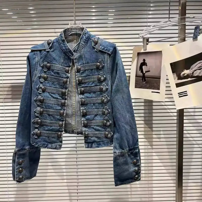 2026 Autumn New Fashion Metal Buckle Design Shoulder Strap Denim Short Jacket For Women High Street Coat Female