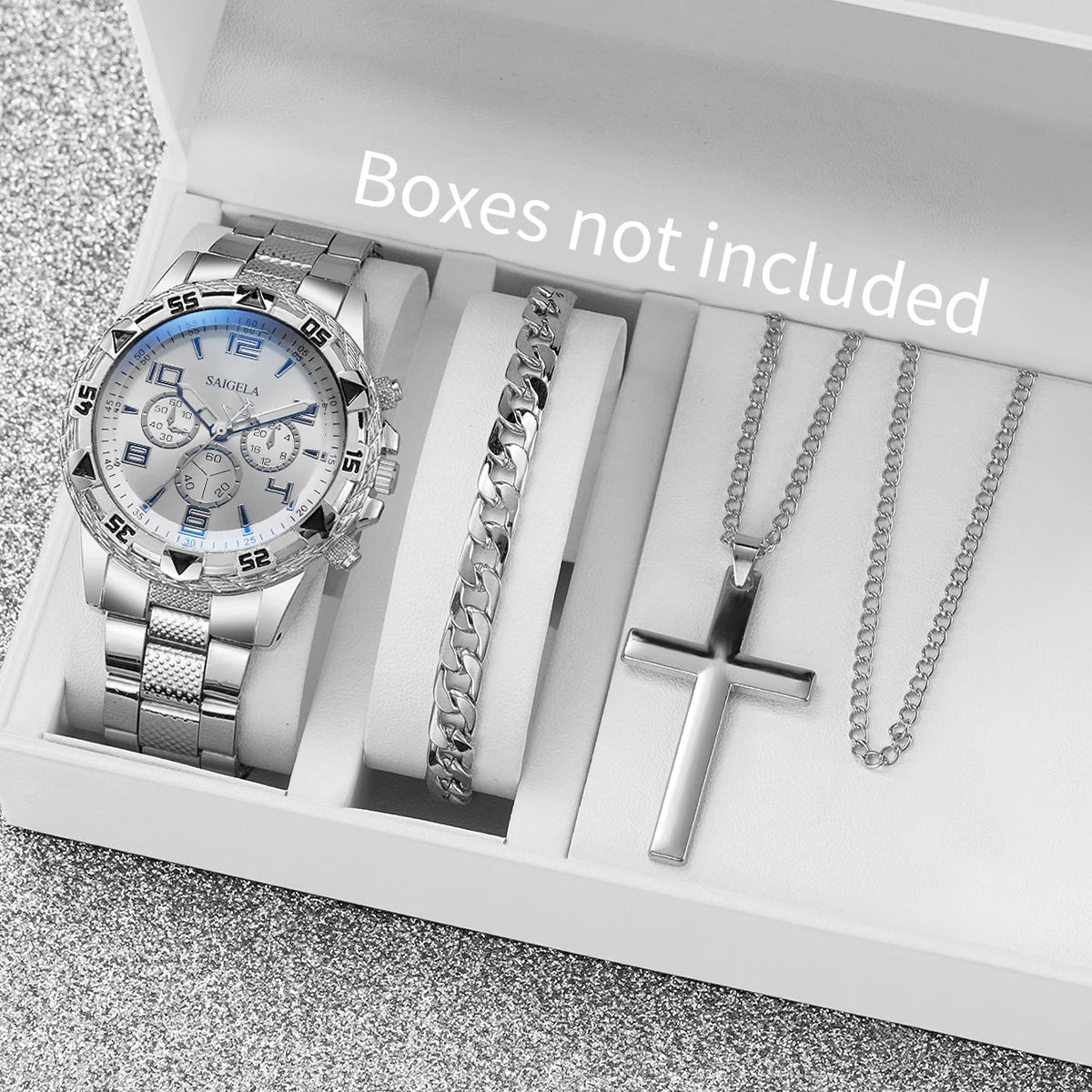 3PCS/Set Fashion Men's Quartz Watch Luxury Large Dial Men Business Watches Necklace Bracelet Set Reloj Hombre（Without Box）