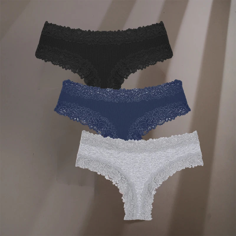 3Pcs/Set Sexy Lace Briefs Cotton Panties Women's Fashion 7 Solid Color Comfortable Briefs Low Waist Underpants Stretch Underwear