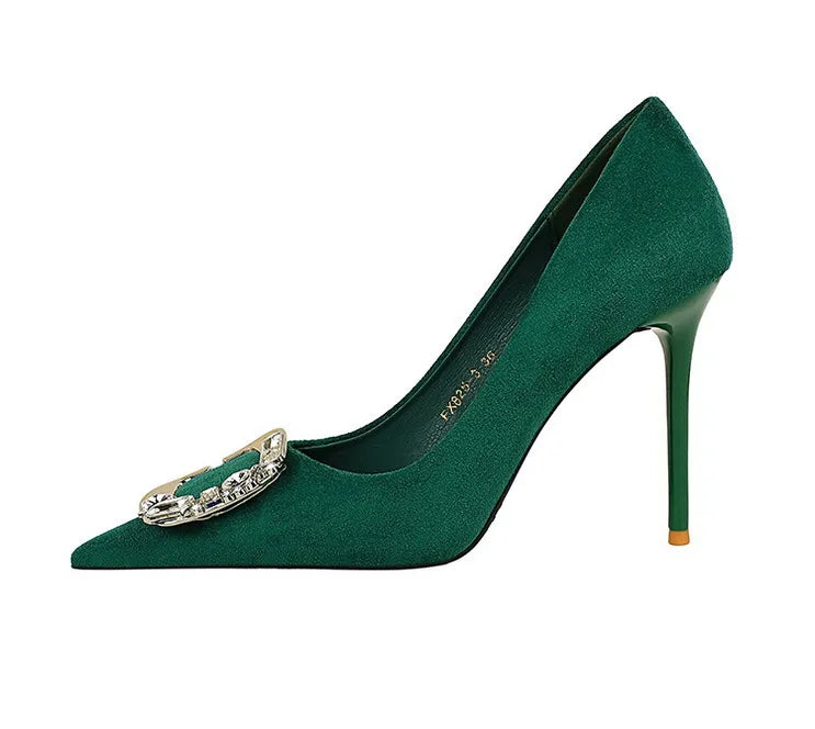 BIGTREE Shoes Metal Rhinestone Belt Buckle Women Pumps Suede High Heels Luxury Banquet Shoes Sexy Party Shoes Women Stilettos