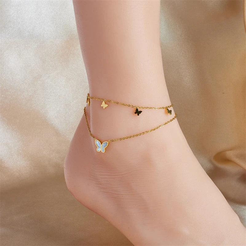 DIEYURO 316L Stainless Steel 2-Layer Butterfly Charm Anklets For Women Girl New Fashion Leg Chain Non-fading Jewelry Gift Party