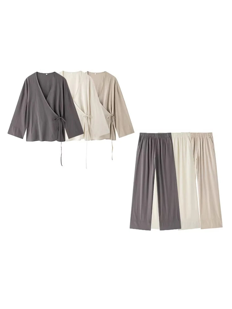 Women Fashion With Tied Loose Kimono Blouses And High Elastic Waist Side Pockets Pants Female Two Piece Sets Mujer BAZAARHUBO