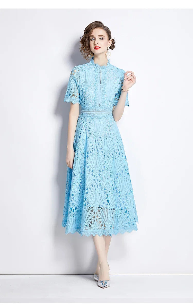 SMTHMA Vintage High-End O-Neck Short Sleeve Lace Hollow Out Dress For Women's Summer Slim Elegant Long Dress Female Clothing