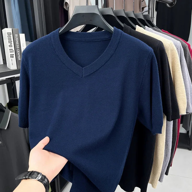 Mens V Neck Short Sleeve Wool Knit Pullover Soft Thin Knitwear For Business Office Daily Casual Spring Summer Basic Tops
