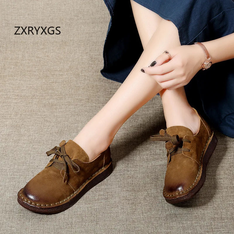 ZXRYXGS Retro Style Top Cowhide Single Shoes Woman New Flats 2025 Winter Soft Sole Comfort Warm Shoes Flat Sneakers Casual Shoes