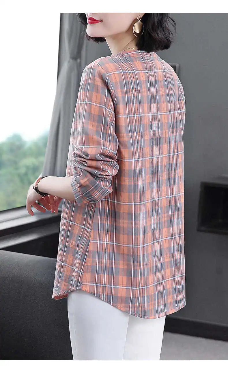 Fashion All-match Round Neck Plaid Shirt Women's Clothing Summer New Vintage Casual 3/4 Sleeve Button Spliced Pullovers Blouses