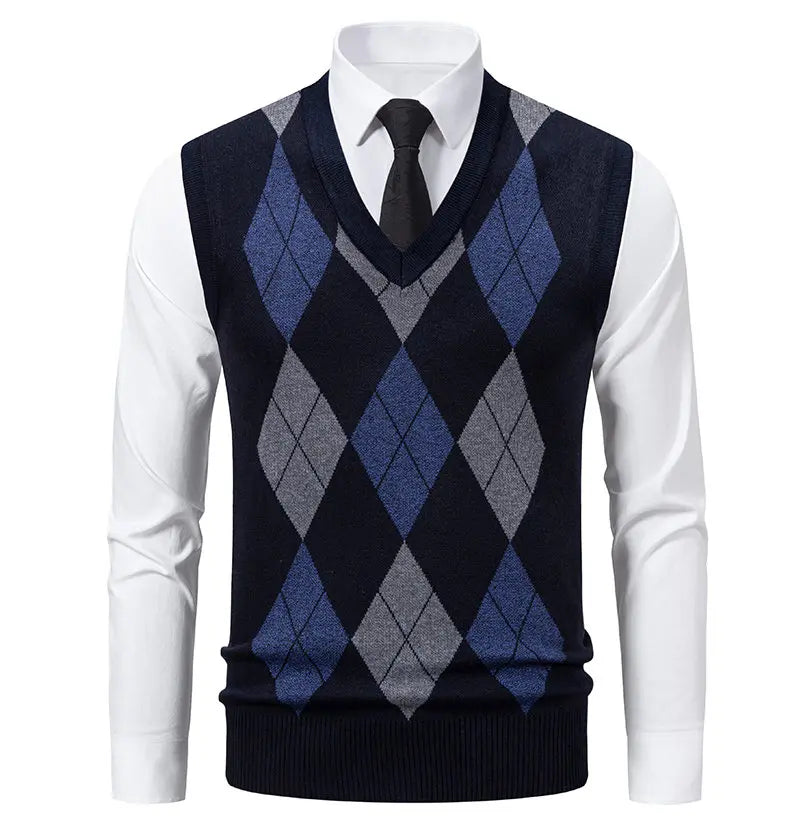 Mens Business Casual Knit Vest Classic Argyle Light Weight Knitwear Suit Vest Versatile Sleeveless Pullover Vests