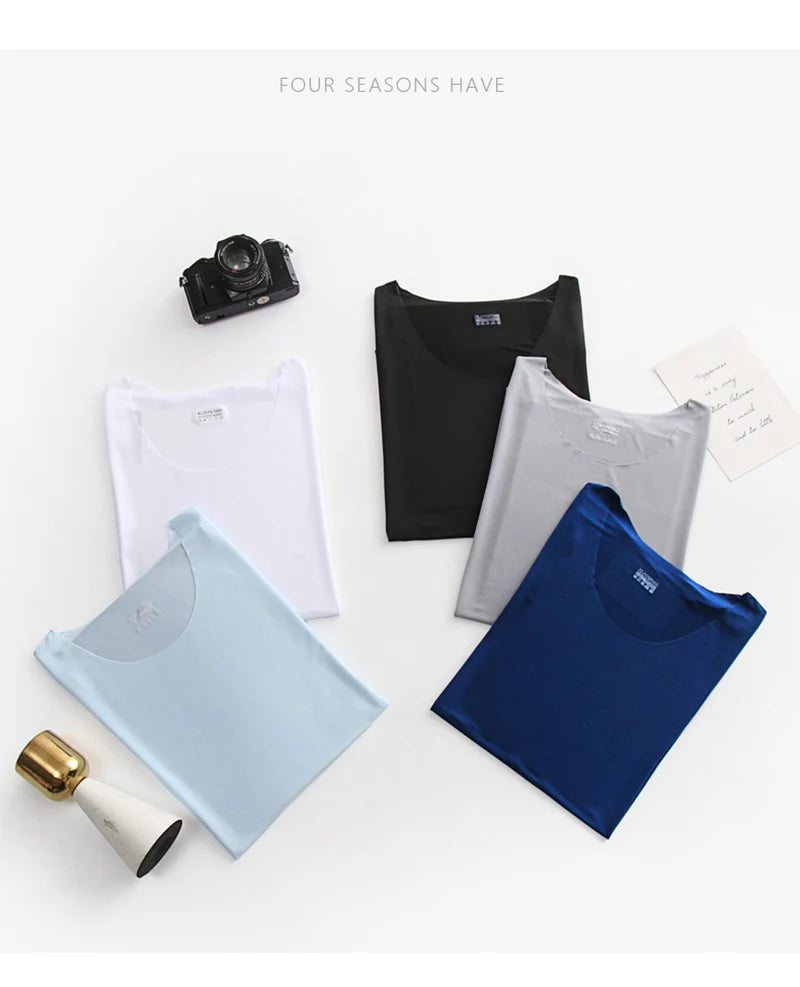 2Pcs/set Mens Ice Silk Short Sleeves T-Shirt & Long Pants Cool Thin Sleepwear Male Summer Pyjamas Home Clothing Nightwear Suit