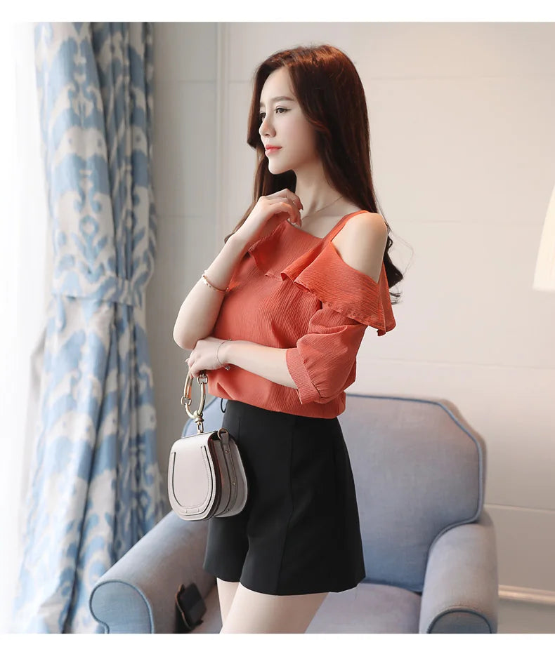 Women's One Shoulder Ruffles Chiffon Blouse Shirt Short Sleeve Pullover Acetate