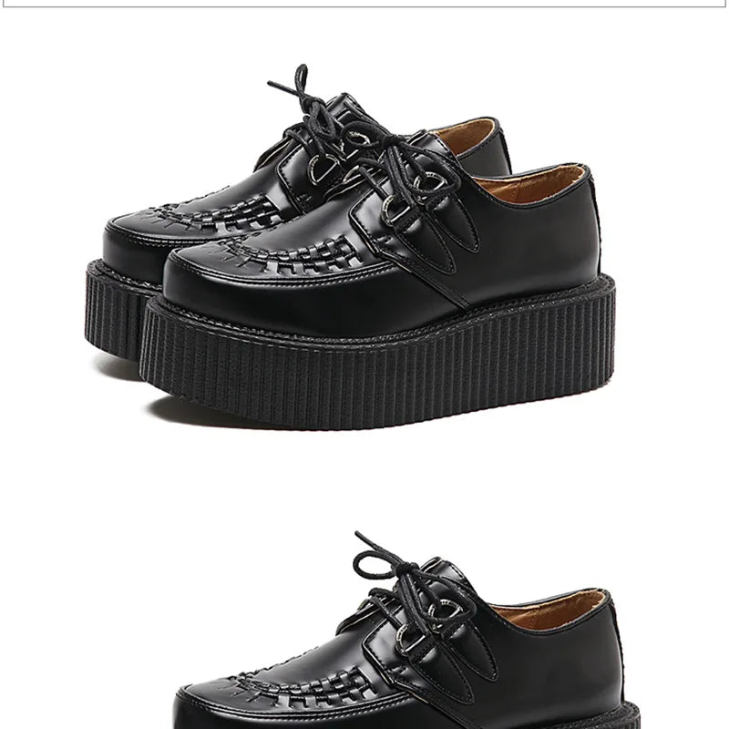 Black Harajuku Shoes Classic Lace UP Wedge Heels Platforms Creepers Punk Shoes Casual High Heels Women Platform Shoes