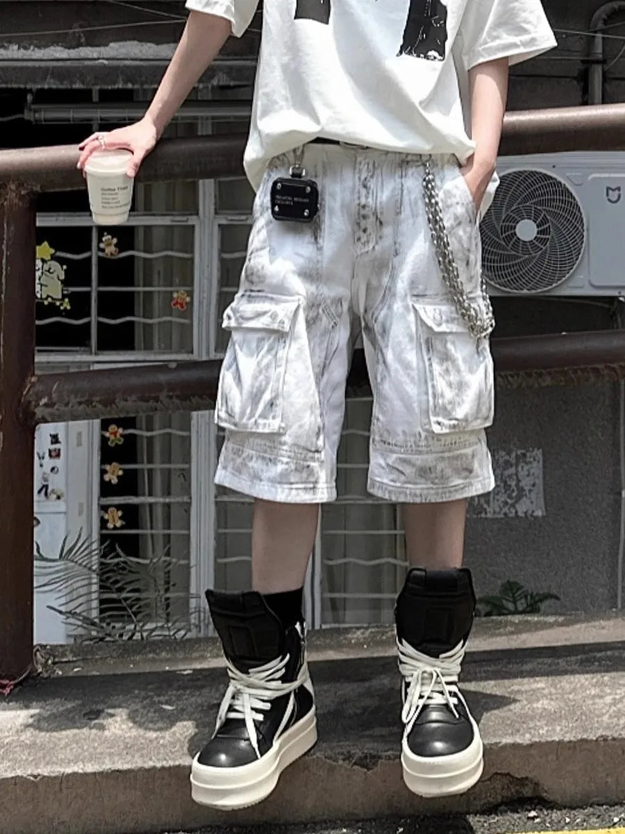 Summer Washed Distressed Workwear Shorts Men's Trendy Street Style Loose Wide Leg Big Pocket Seven-Foot Pants Casual Trousers