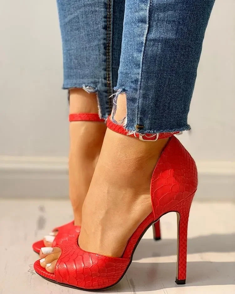Sexy White Dress Wedding Shoes Women Ankle Strap Peep Toe High Heel Sandals Super High Heels Buckle Snake Pattern Woman Pumps