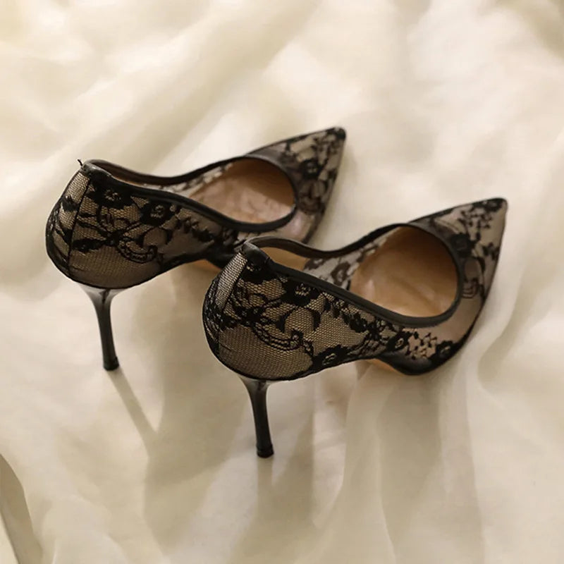 2024 Summer New Europe and The United States Sexy Slim High Heels for Women Slim Heel Shallow Mouth Pointed Lace Single Shoes