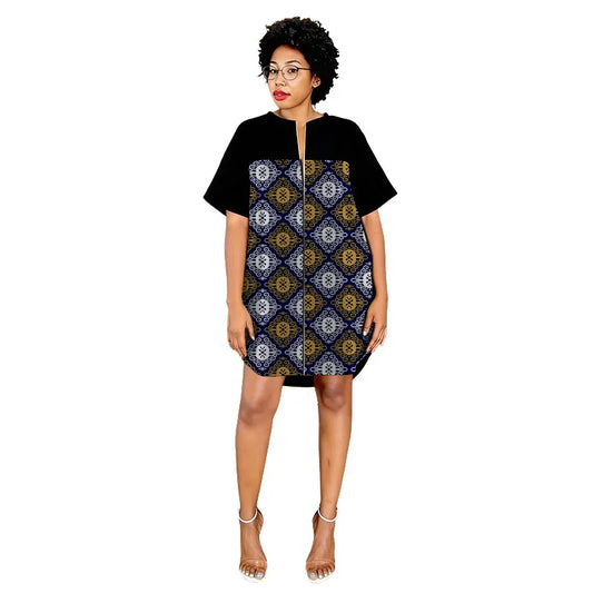 African Print Summer Dress V-neck Black/Wax Patchwork Top Tailor Made Women's Ankara Outfit Colorful Print Female Party Wear