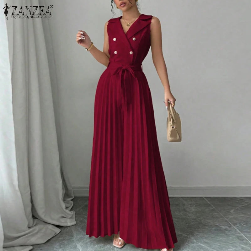 Fashion Women Jumpsuits 2026 ZANZEA Summer Rompers Elegant Wide Leg Work OL Overalls V Neck Sleeveless Pleated Playsuit Trousers