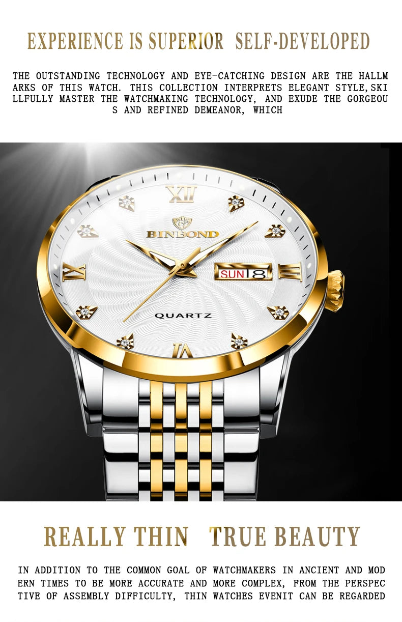 BINBOND Quartz Watches for Men Luxury Luminous Waterproof Precise Auto Date Week Display Men's Watch Casual Sturdy Reloj