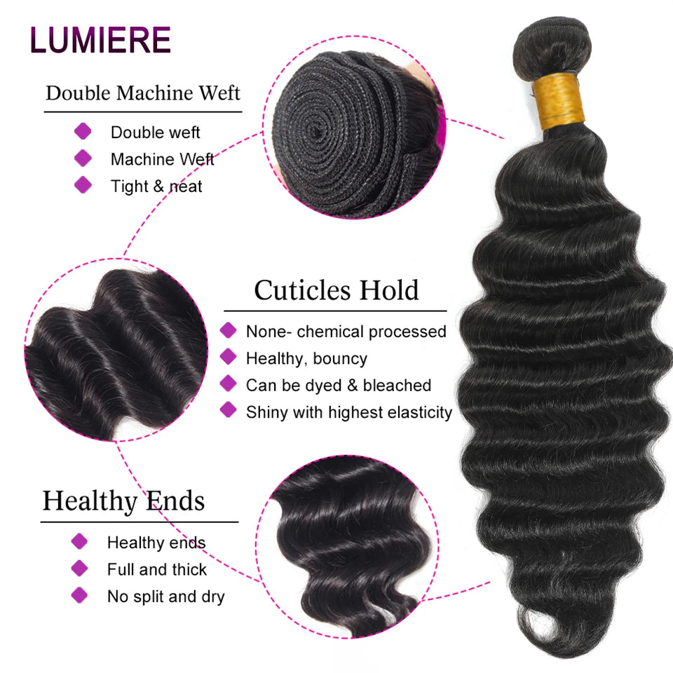 32" Deep Wave 100% Human Hair Bundle With Closure Fontal HD Transparent Curly 3 Bundles Human Hair Weavings And Closure Vietname