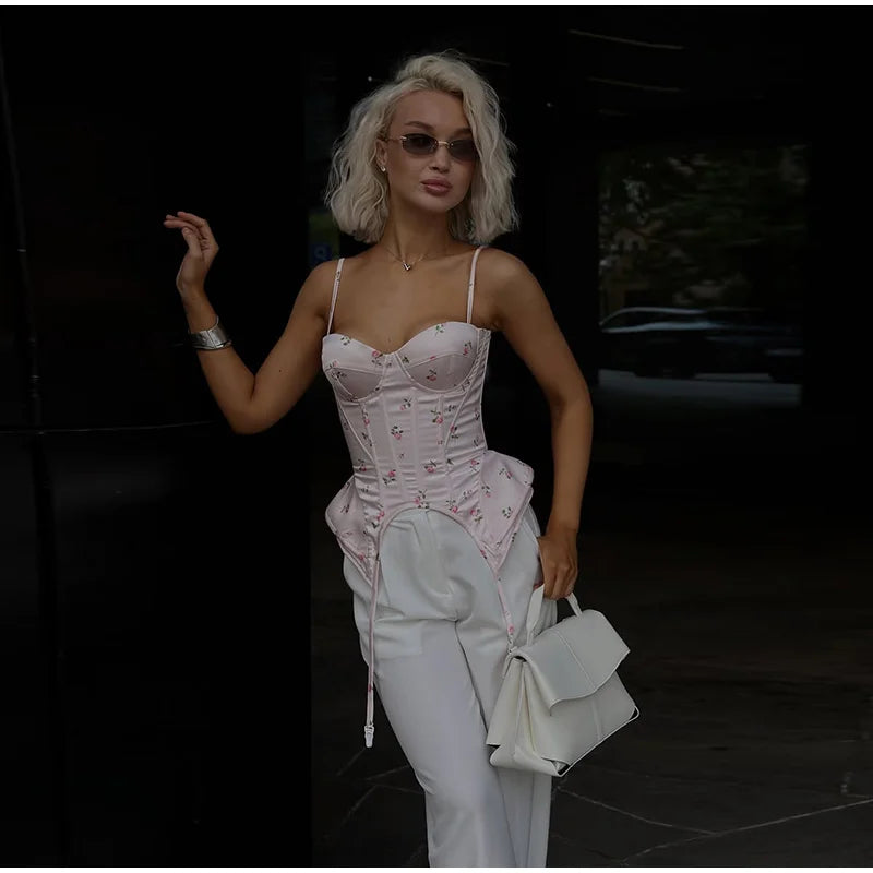 Sexy Print Fishbone Sling Tops Women Bandage Ribbon Patchwork Fitted Corset Female 2026 Summer New Chic Evening Party Tanks Lady
