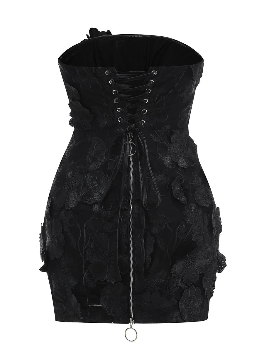 Women's 3D Floral Embroidery Backless Sleeveless Mini Dress Self Tie Evening Gown Elegant Short Dress for Party Cocktail Wedding