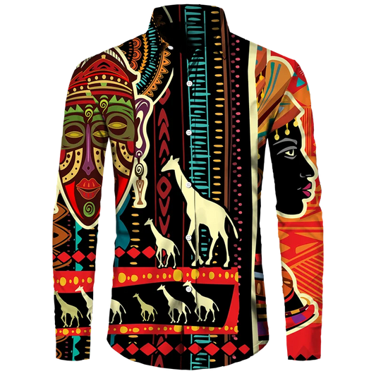 Dashiki African Print Men's Turn-down Collar Button Shirt Casual Long Sleeve Shirt Fashion Streetwear Trend Tops Men Clothing