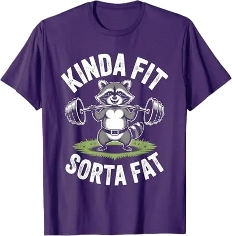 Kinda Fit Sorta Fat - Funny Gym Bear Weightlifting Workout T-Shirt Y2k Humor Raccoon Weightlifter Fitness Saying Tee Novelty Top