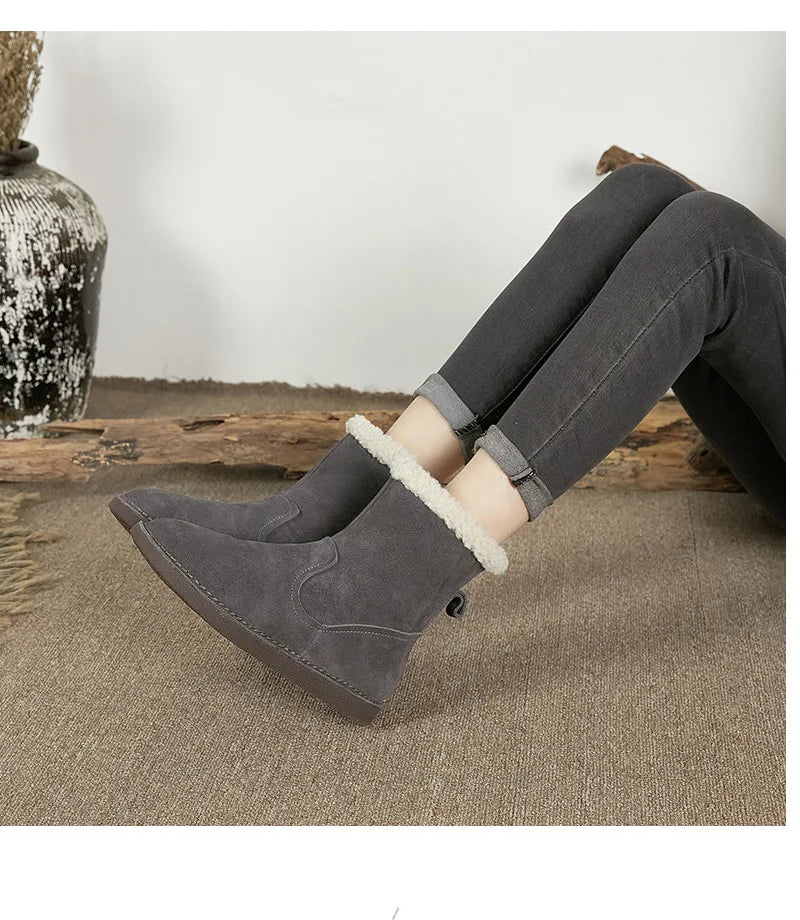 Careaymade-Genuine cow leather Snow cotton round head flats woolen short boots plush warm snow boots Oversized shoes size 35-43