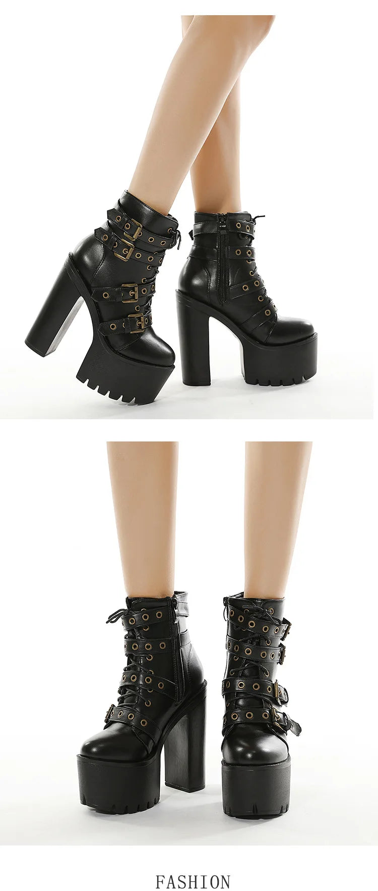 Zip Up Platform Ankle Boots High Heels Round Head Black Leather Goth Studded New Rock Combat Punk Women Shoes On Offer