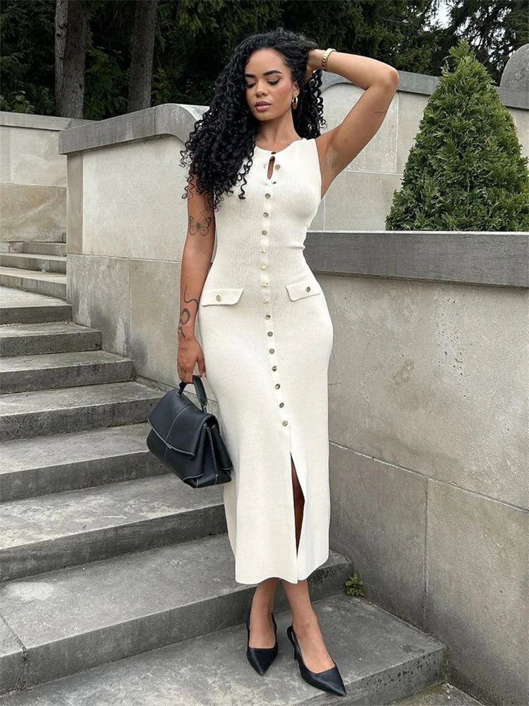 Knit Ribbed Cardigan Maxi Dress Female High Waist Slim Pocket Sleeveless Elegant Party Dress Women's Knitwear Long Dress