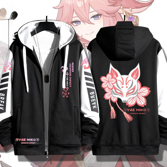 Anime Genshin Impact Yae Miko Cosplay Costumes Unisex 3D Hoodie Sweatshirt Zipper Hooded Jacket Outerwear