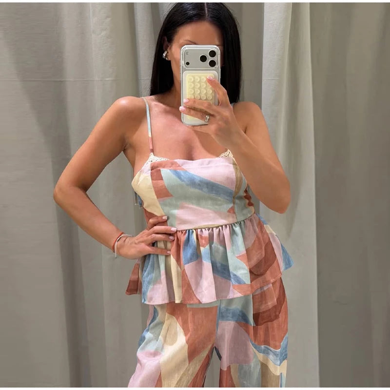 Pastel Print Cami Top Wide Leg Pants Set Ruffle Hem Sleeveless 2026 Summer Vacation Women Co-ord Set Chic Causal Lady Outfit