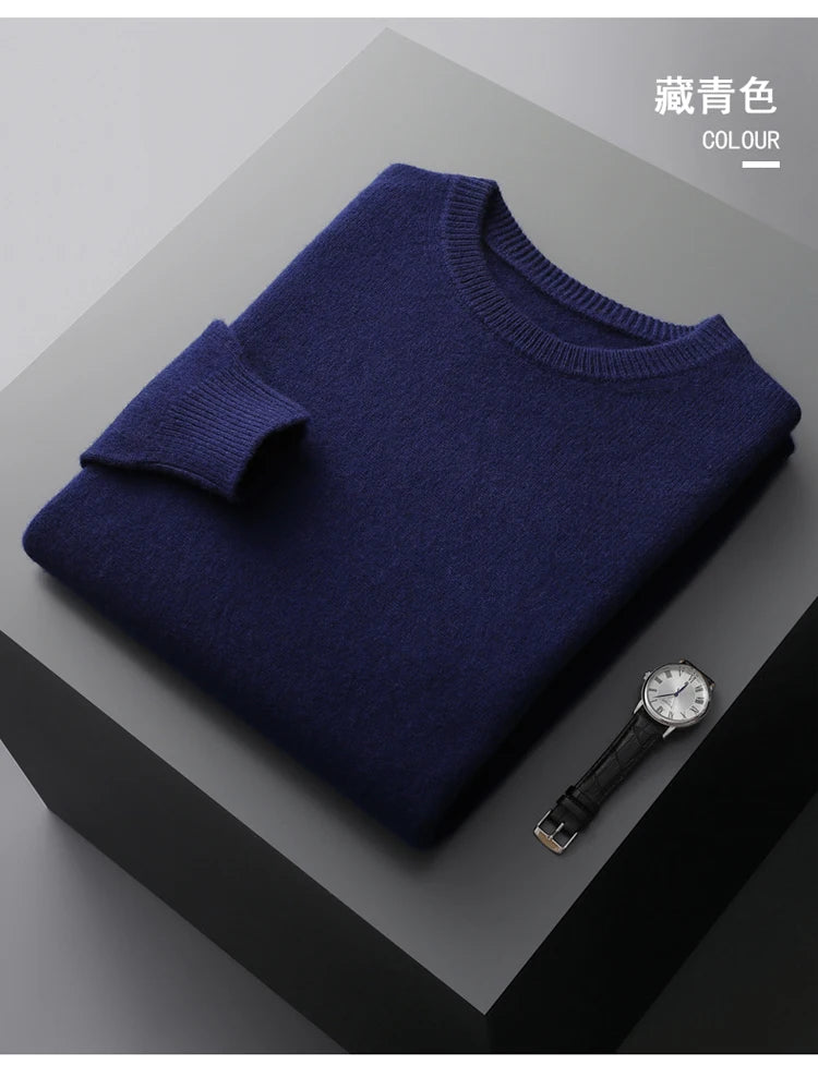 100% Merino Wool Sweater Men's O Neck Pullover Tops One-piece ready-to-wear Autumn Winter Solid Color Sweater Versatile Basic