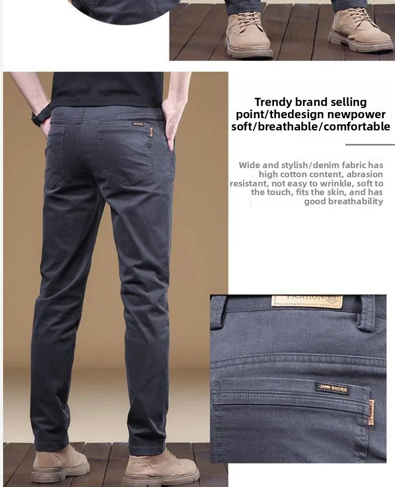 2025 Summer Thin Cotton Men's Casual Pants Trendy Versatile Elastic Light Business Trousers Work Formal Slim Straight Pants