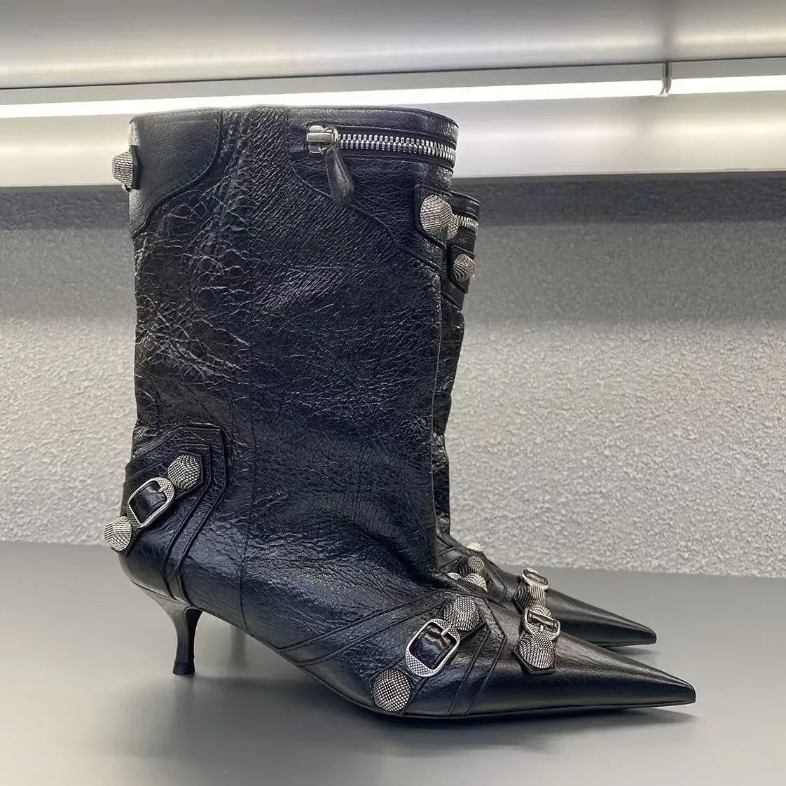 Women's Sexy Stiletto High Heels with Rivet Decoration, Wide Barrel Knee Length Boots, European and American Fashion Show Boots