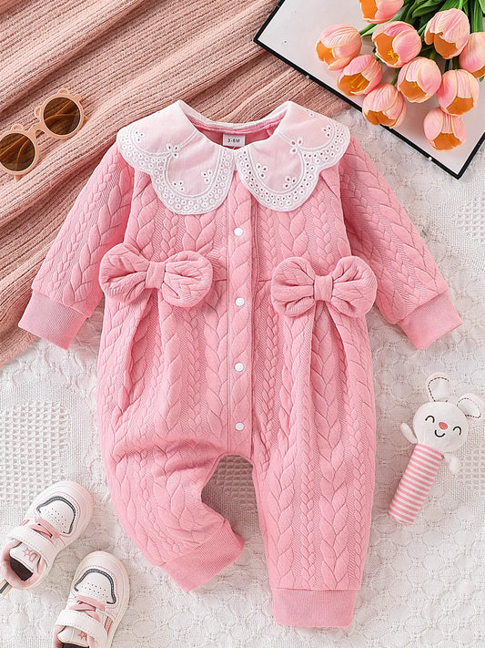 Pink Thickened One-Piece Romper for Baby Girls, with Cable Knit Quilted Fabric, Doll Collar with Hollow Lace, Double Bow, Snap Buttons on the Front and Crotch, Warm and Cute