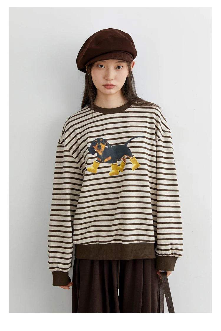 CHIC VEN New Women T-Shirts Loose Casual Round Neck Striped Dog Print Long Sleeved Female Tees Pullover Autumn Winter 2025