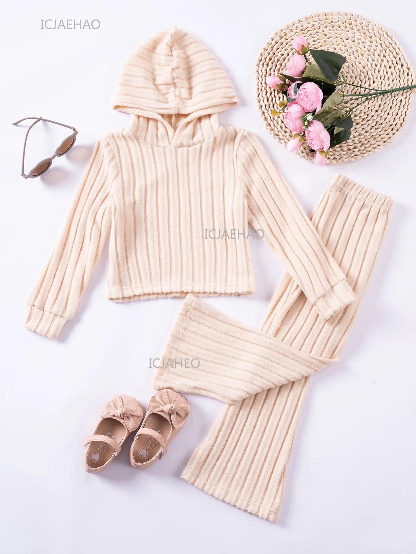 Girls Children Outfit Set Hooded Knit Sweater Long Sleeve Solid Pants Casual Clothing for Kids Toddler Daily Wear Autumn Spring