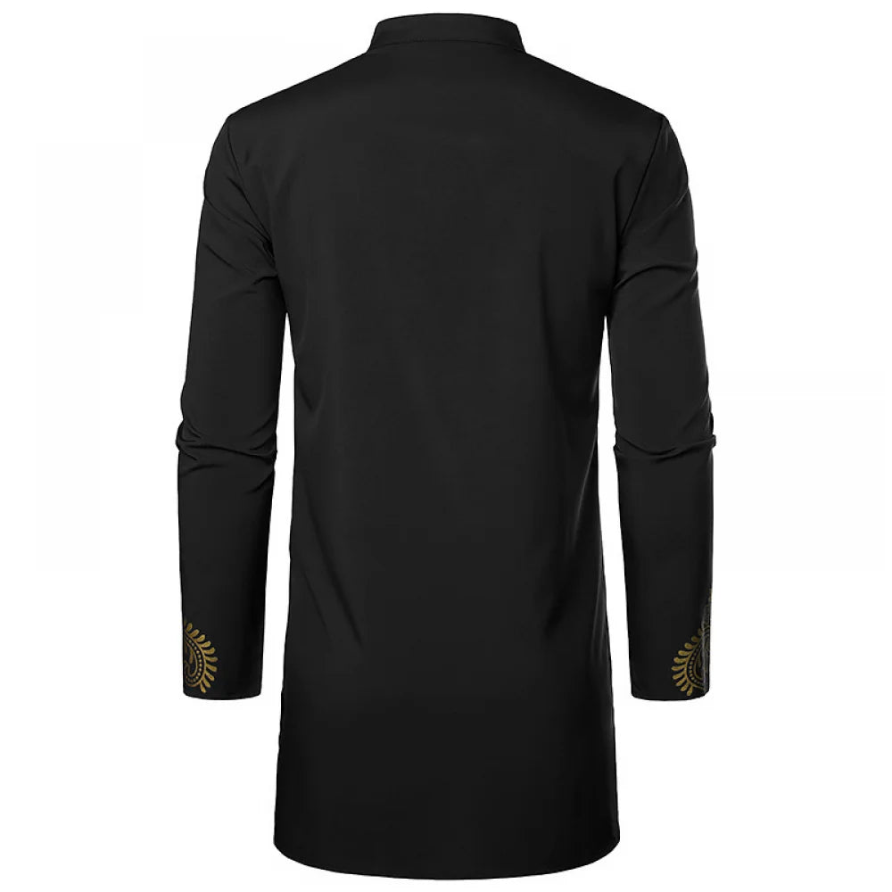 Men's Traditional African Shirt Print Golden Flowers Long Sleeve Shirt Ethnic Casual Outfits Wedding African Streetwear