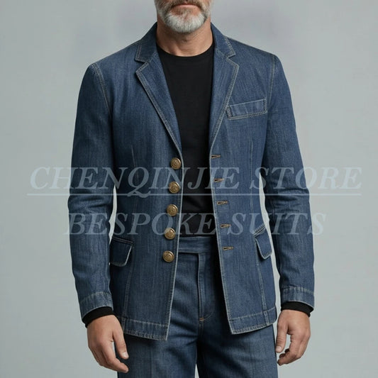 Casual Daily Denim Men's Suits Formal Single Breasted Notch Lapel Blazer High Quality 2 Piece Jacket Pants Full Sets Costume